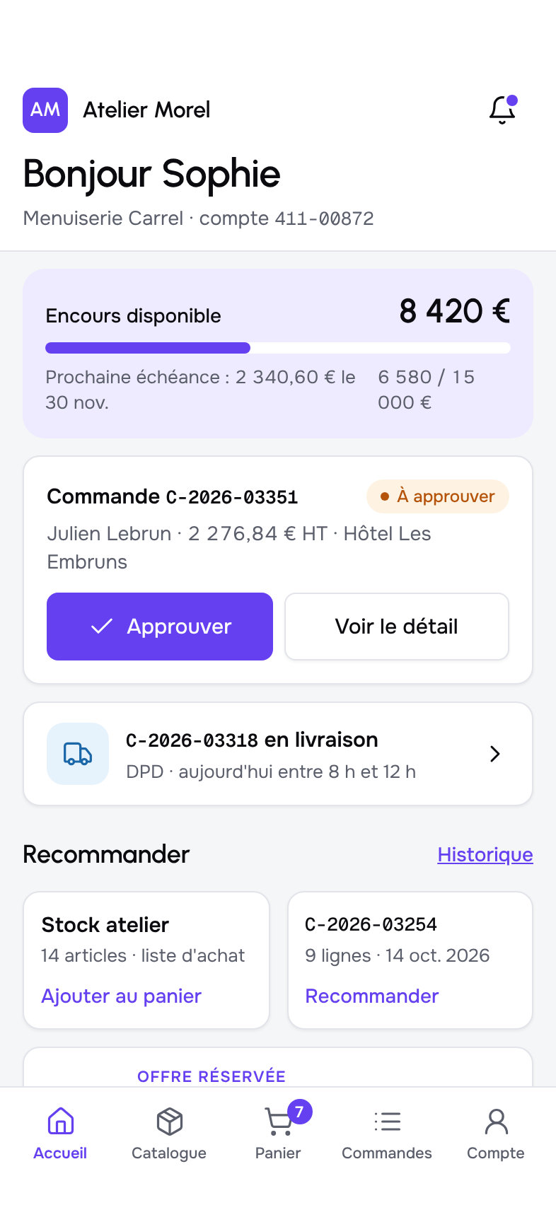 Application client Kordeos : commandes, suivi et factures