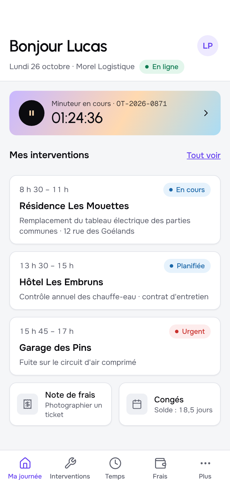 Application métier Kordeos : interventions du jour, minuteur, notes de frais
