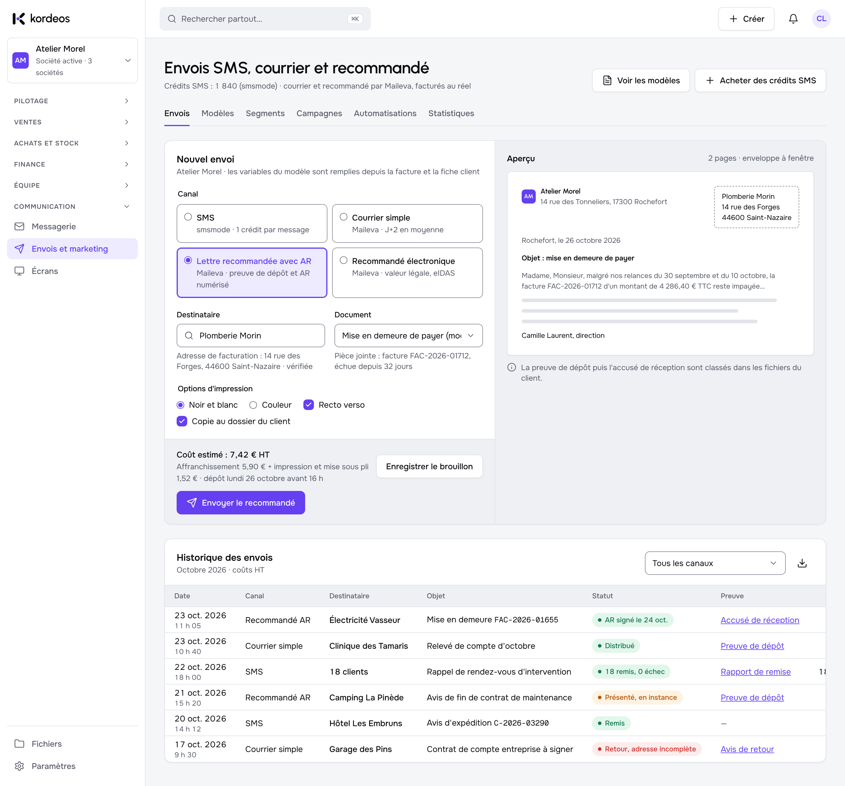 Envoi d'e-mails, SMS et courriers depuis un dossier client dans Kordeos