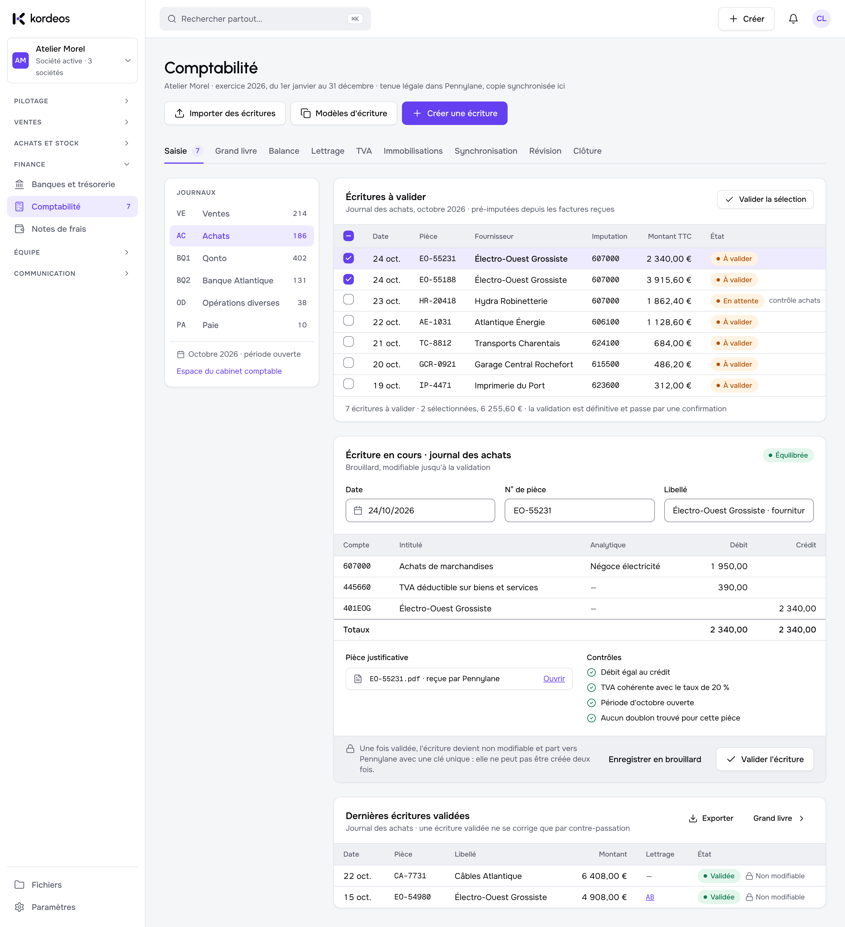 Comptabilité Kordeos : écritures à valider et journaux
