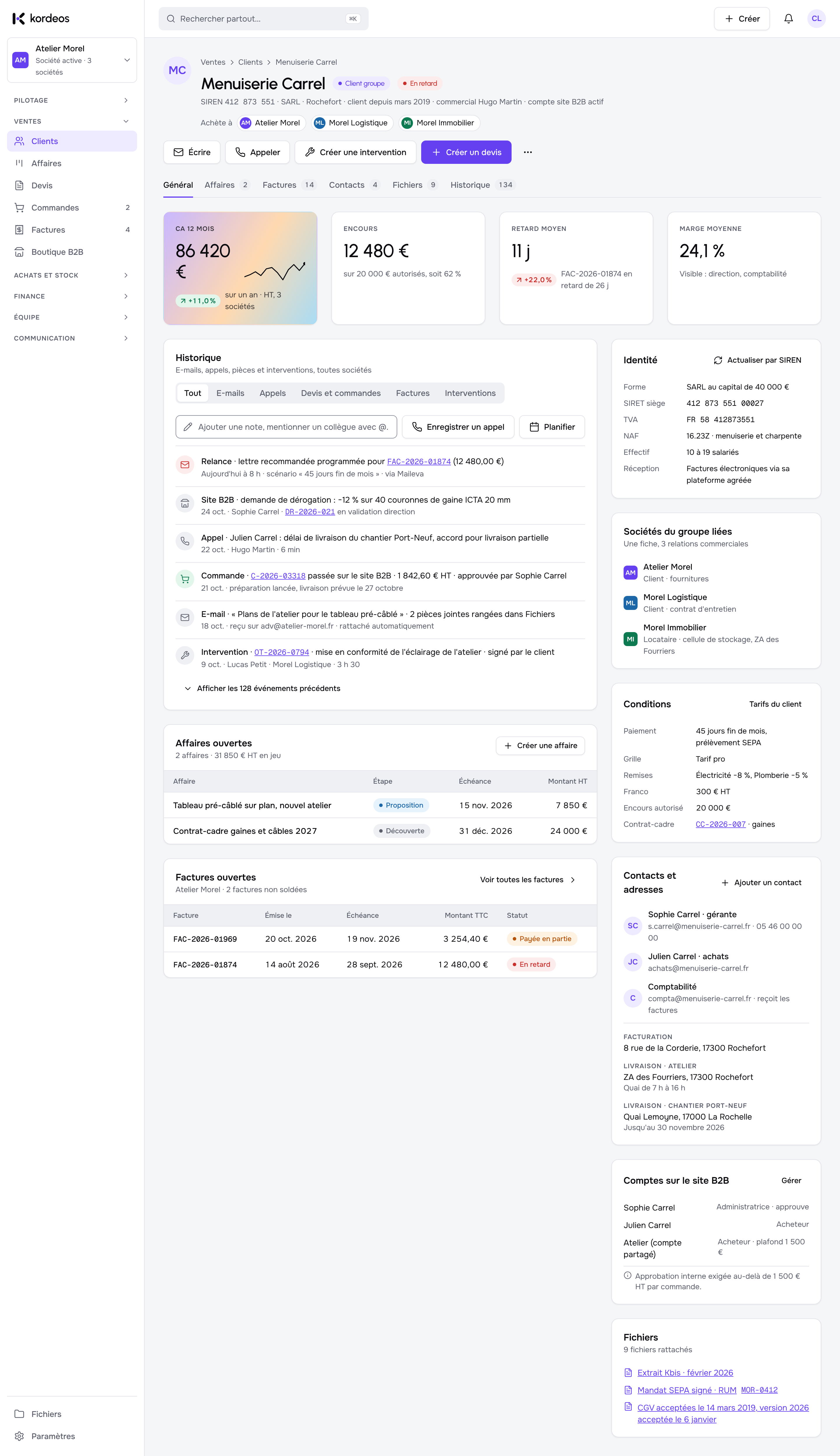 Fiche client Kordeos : coordonnées, affaires, factures, documents et échanges