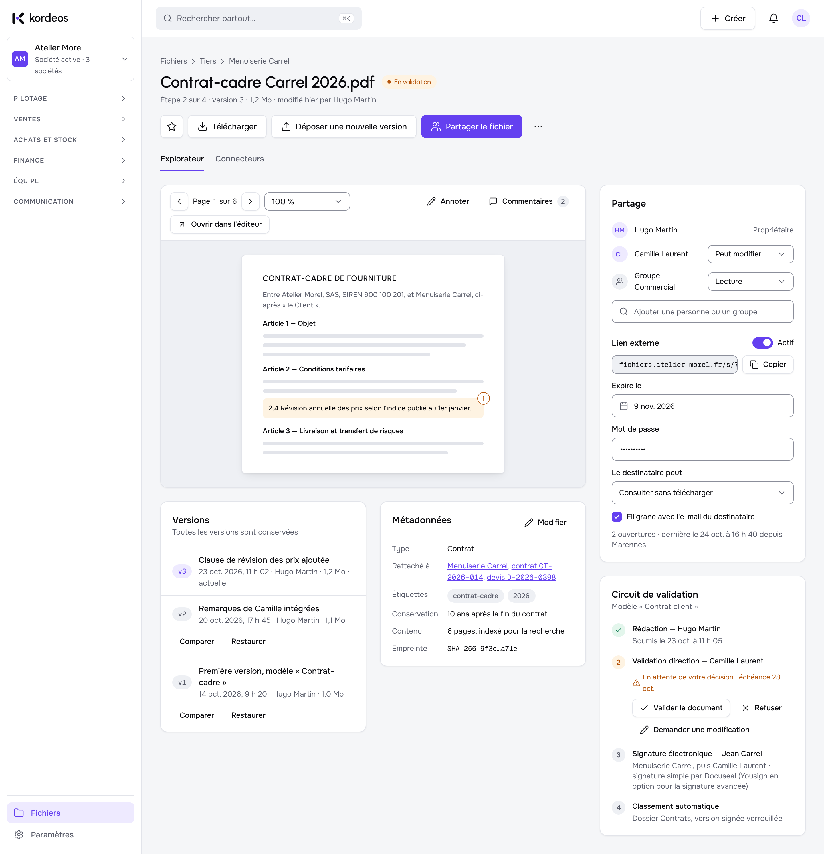 Détail d'un document dans Kordeos avec versions et partage