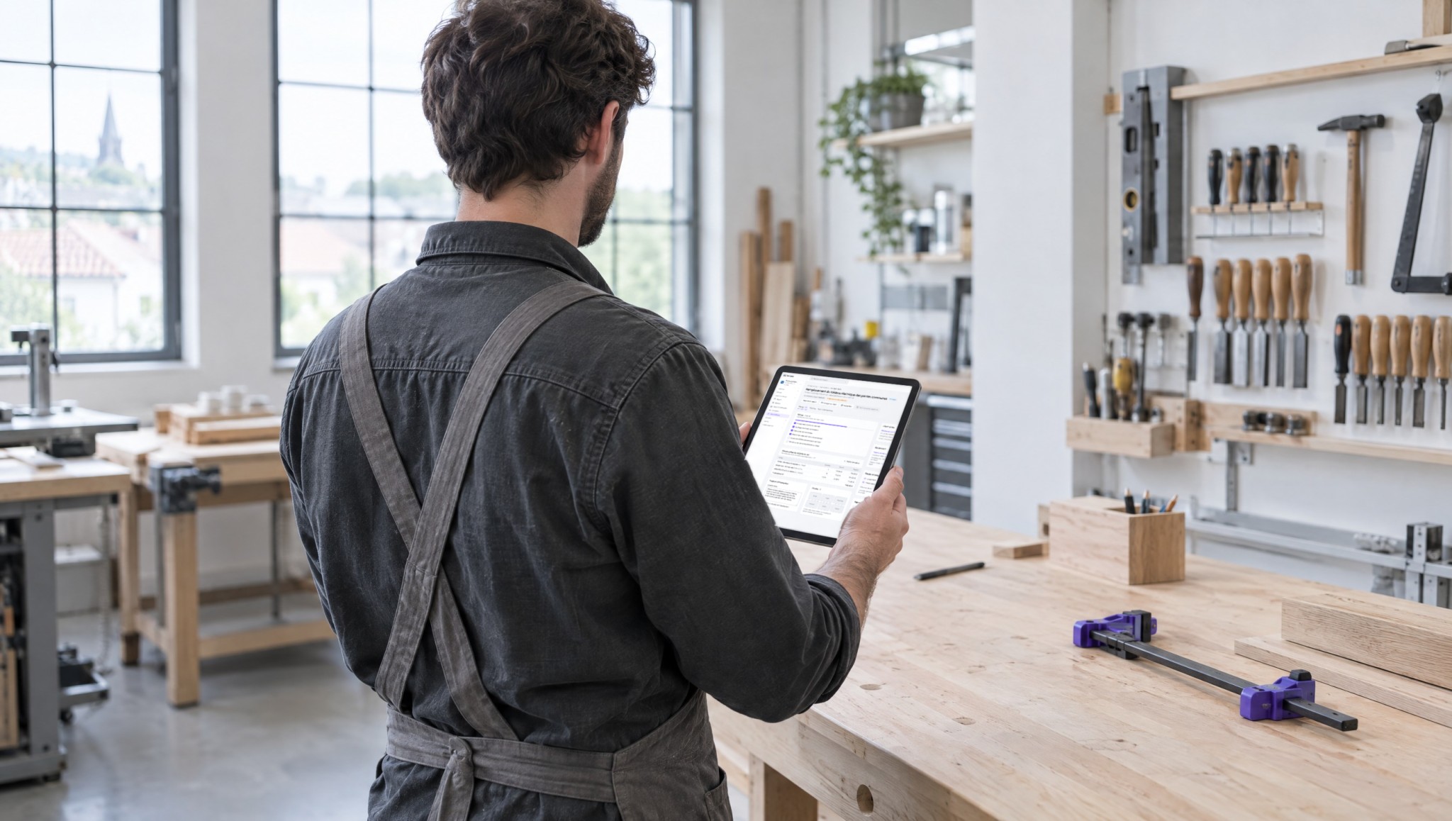 Responsable d'atelier consultant Kordeos sur une tablette dans une menuiserie